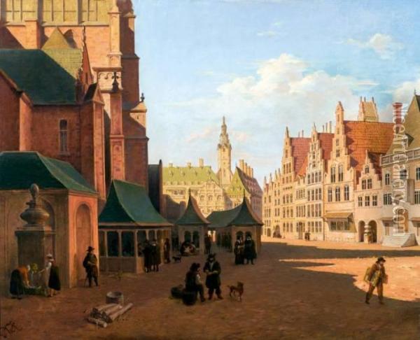 Figuren Op Zuid-nederlands Kerkplein Oil Painting - Paul-Wilhelm Keller-Reutlingen
