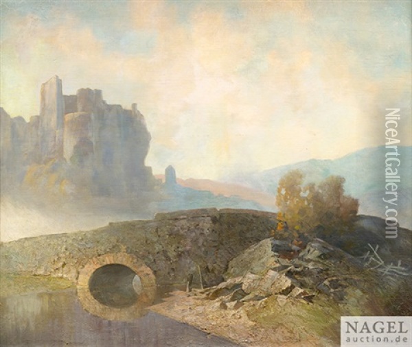 Landschaft Mit Bogenbrucke Und Burgruine Oil Painting - Oskar Mulley
