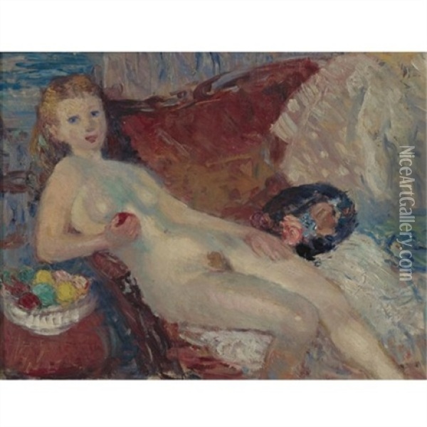 Nude With Apple (preliminary Study) Oil Painting - William Glackens
