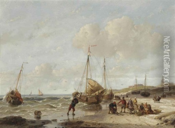 Fisherfolk On The Beach Of Scheveningen Oil Painting - Andreas Schelfhout