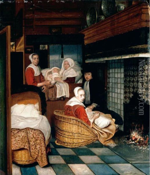 An Interior With A Family And Two Nurses Before A Fire Oil Painting - Cornelis De Man