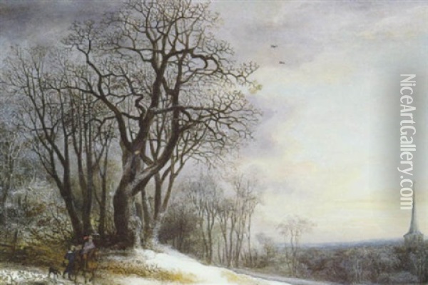 Paysage De Neige Avec Cavalier Et Son Valet Sur Un Chemin Forestier Oil Painting - Theodore van Heil