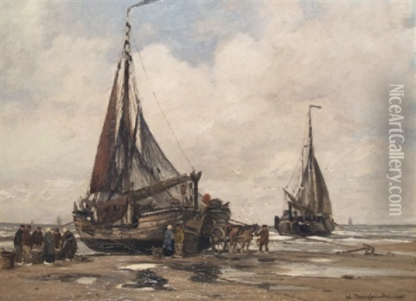 Fishing Boats At The North Sea Oil Painting - Wilhelm Hambuechen
