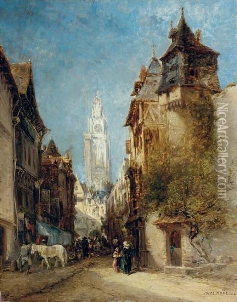 A French Market Town Oil Painting - Jules Achille-Noel
