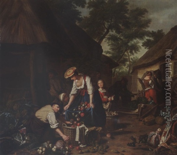 A Farm Scene With A Woman Putting Apples In A Basket, Other Figures And A Cart In The Background Near A Barn Oil Painting - Jan Josef Horemans the Elder