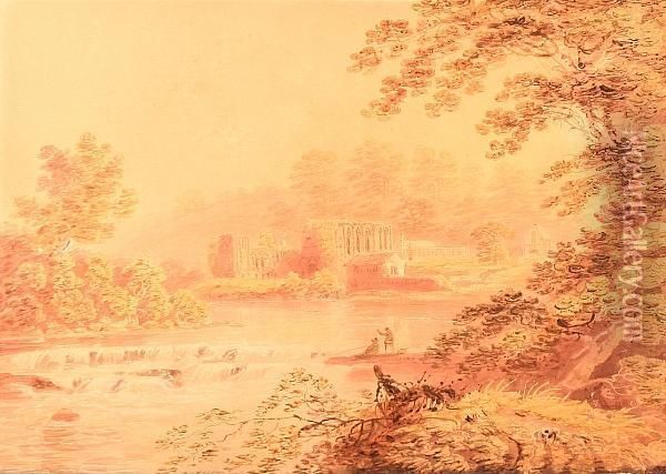 Ruins Of Easby Abbey Near Richmond Oil Painting - George, the Younger Cuitt