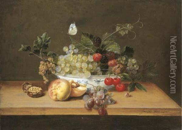 Grapes On The Vine, 
Whitecurrants, Blackberries, Cherries And A Walnut In A Porcelain Bowl 
With Peaches, Grapes And A Walnut On A Wooden Table Ledge With A Large 
White Butterfly Oil Painting - Frans Ykens