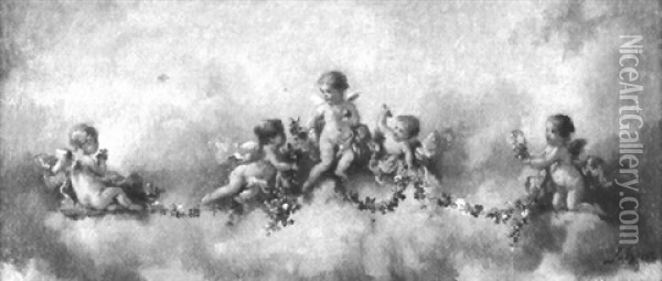 Mit Girlanden Spielende Putti In Den Wolken Oil Painting - Charles Augustus Henry Lutyens