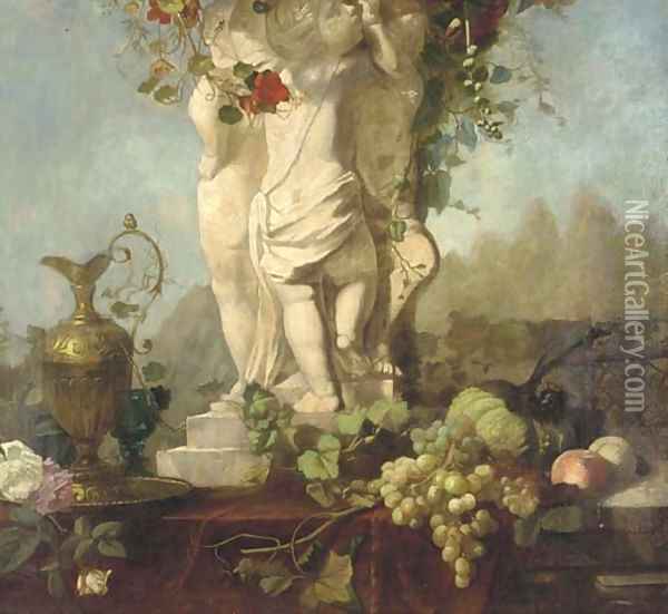 A Grecian statue with fruit and foliage and a bronze ewer Oil Painting - Continental School