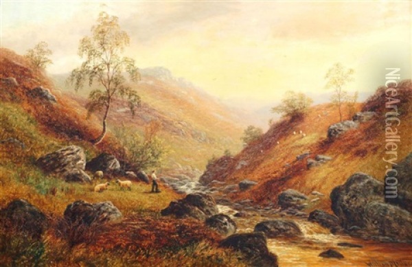 Shepherd With Sheep By A Highland Stream Oil Painting - William Mellor