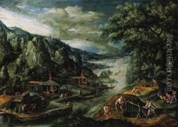 A River Landscape With Iron-mining Scenes Oil Painting - Marten van Valkenborch the Elder