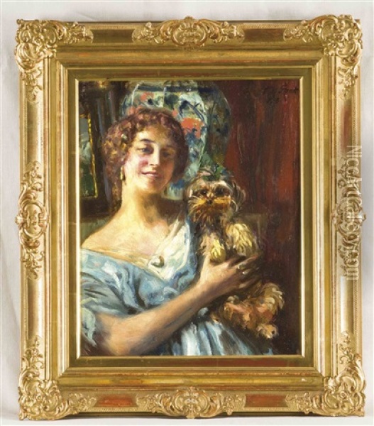Bildnis Einer Jungen Frau Mit Ihrem Hundchen Auf Dem Arm Oil Painting - Ferdinand Max Bredt
