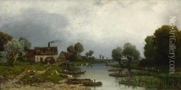 Flusslandschaft. Oil Painting - Carl Johann Kruger