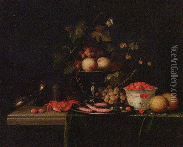 Grapes On A Vine With Gooseberries In A Tazza With, Prawns In A Pewter Dish, A Crab, A Bowl Of Strawberries, Lemons And A Roemer Oil Painting - Cornelis De Heem