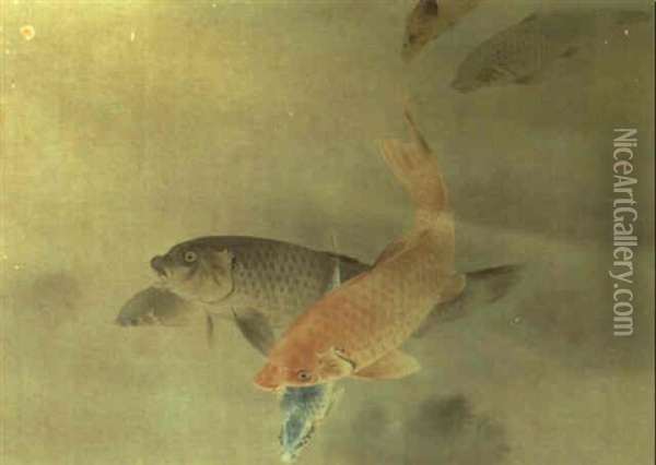 Karpfen In Teich Oil Painting - Tachika Chikuson