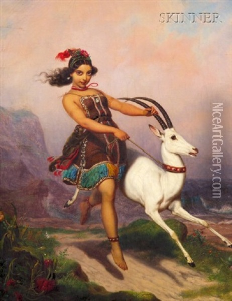 Girl And Her Gazelle Prancing Through The Hills Oil Painting - Charles Christian Nahl