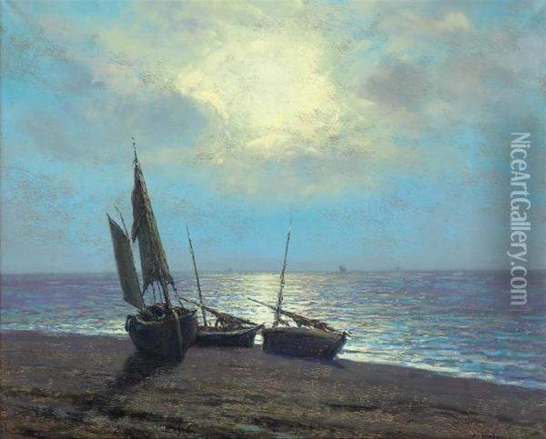 Boats On A Moonlit Beach Oil Painting - Arsene Chabanian