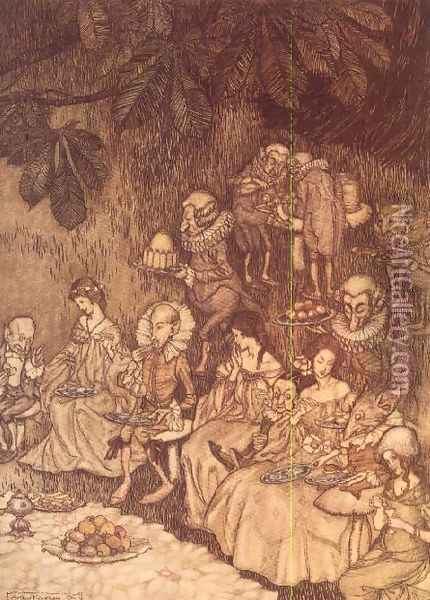 The Feast from Peter Pan in Kensington Gardens by J.M. Barrie, 1906 Oil Painting - Arthur Rackham