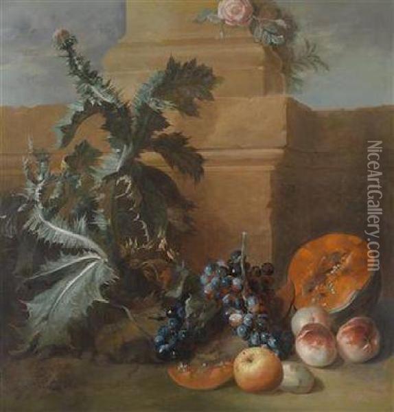 Still Life With A Flowering Thistle And Fruit Oil Painting - Jean-Baptiste Oudry