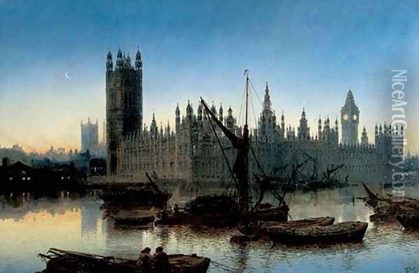 Houses of Parliament, Westminster, 1877 Oil Painting - Claude T. Stanfield Moore