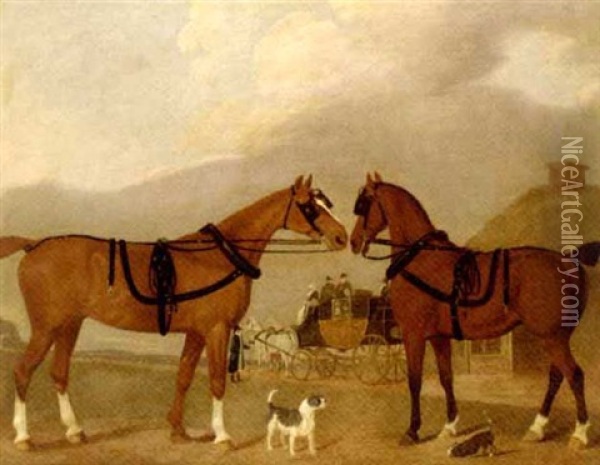 Two Carriage Horses In Harness, With Terriers And A Horsedrawn Carriage By A Cottage Oil Painting - Clifton Thompson
