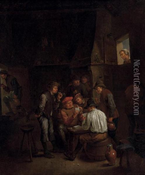 Boors Playing Cards In A Tavern Oil Painting - David The Younger Teniers