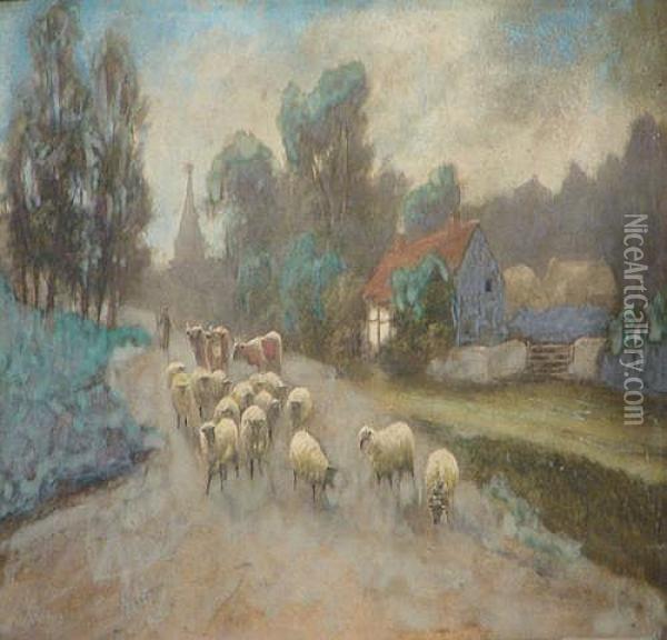 A Drover With Sheep And Cattle In A Oil Painting - Elmer Keene