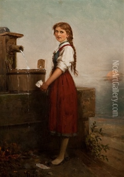 Girl At The Well Oil Painting - Theodor Von Der Beek