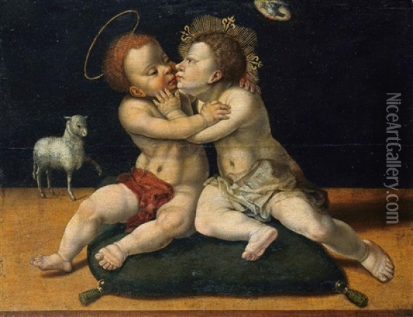 The Young Christ And John The Baptist Kissing Oil Painting - Joos Van Cleve