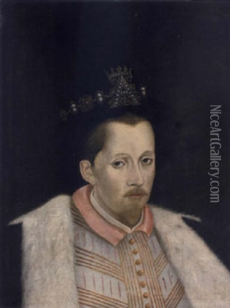 Portrait Of King James Vi Of Scotland, Later I Of England, In A Slashed Doublet, A Fur-lined Black Cloak And A Black Hat Oil Painting - Adrian van Son