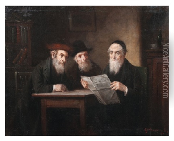 Trois Rabbins Lisant Le Journal Oil Painting - Lajos Koloszvary