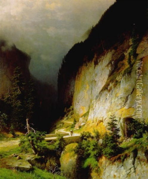 Wanderer Auf Einer Brucke Im Hochgebirge Oil Painting - Joseph Jansen