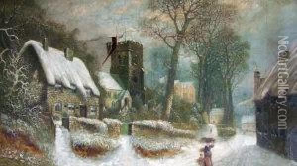 British Provincial School Late 19th Early 20th Century- Figures On A Village Street In Winter Oil Painting - Herbert Newy