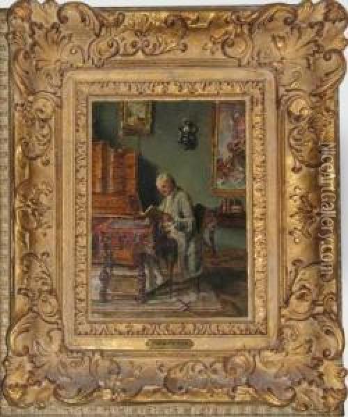 Gentleman Reading In Beautiful Interior Oil Painting - Hans Hamza