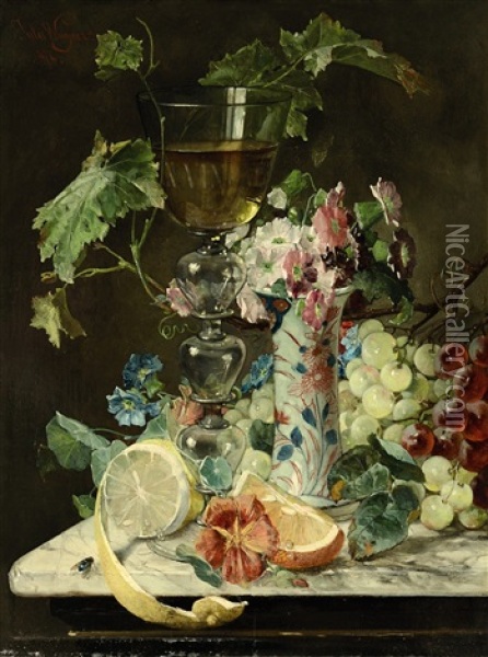 Stillleben Mit Weinglas, Obst Und Blumen Oil Painting - Jules Wagner