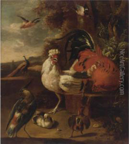 A Cockerel, A Hen, Chicks, A Peacock And Other Birds In A Landscape Oil Painting - Adriaen van Oolen