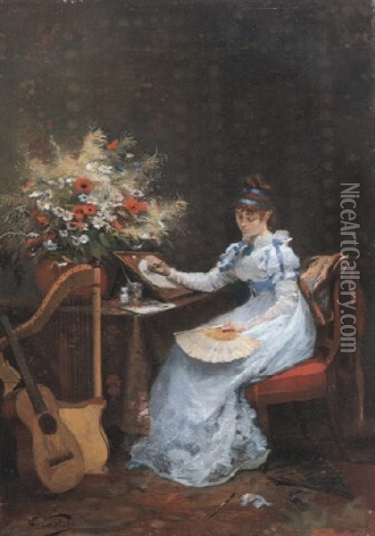 Jeune Fille Peignant Un Eventail Oil Painting - Edouard Castres