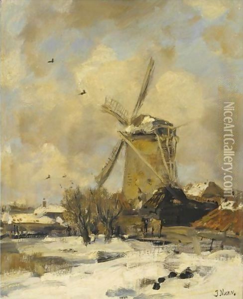 A Windmill In A Winter Landscape Oil Painting - Jacob Henricus Maris