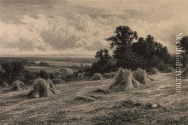 Harvest Time Near Guildford, Surrey Oil Painting - Henry H. Parker