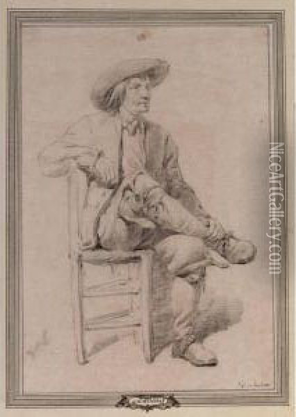 A Study Of A Seated Man In A Hat Oil Painting - Johannes Christian Schotel