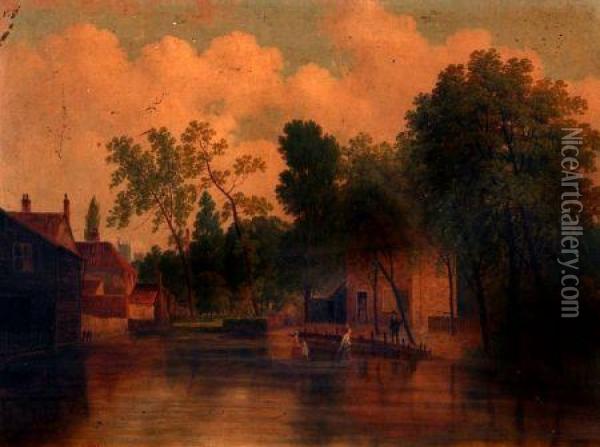 River Scene, Possibly Norwich Oil Painting - Edward Littlewood