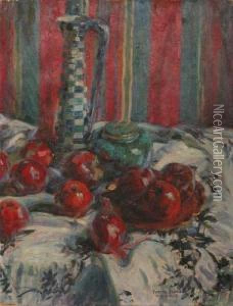 Natura Morta Con Frutta E Porcellane Oil Painting - Pieretto Bortoluzzi Bianco