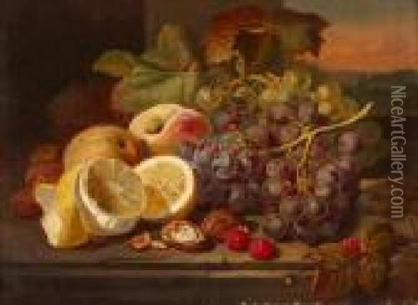 A Still Life With Fruit And Nuts On Atable Oil Painting - Edward Ladell