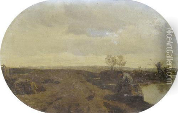 Uferpartie Mit Figur In Ebener Landschaft. Oil Painting - Adolphe Felix Cals
