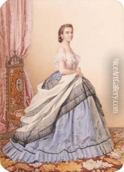 Portrait D'une Dame Portant Une Robe A Crinoline Dans Un Interieur Oil Painting - Adele Anais Colin Toudouze