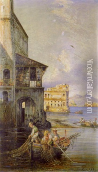 Napoli, Pescatori A Palazzo Donn'anna Oil Painting - Consalvo Carelli