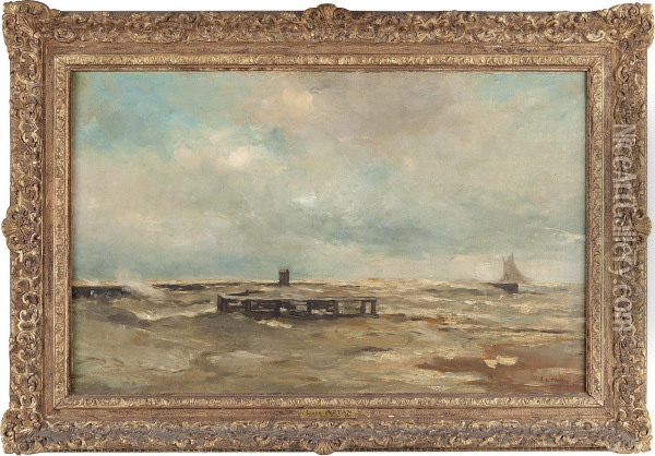 Boats Off The Coast Oil Painting - Louis Artan De Saint-Martin
