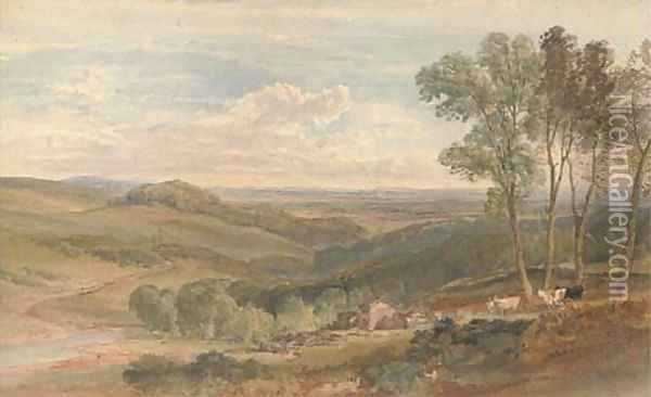 View over a farmstead, a rolling valley beyond Oil Painting - William Leighton Leitch