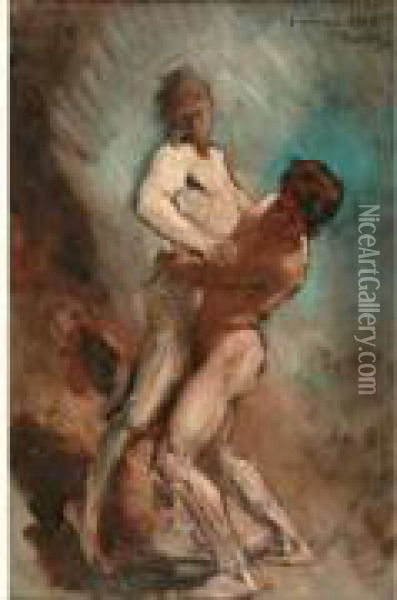 Etude Pour Jacob Se Battant Avec L'ange, Tableau Du Salon De 1876 Oil Painting - Bonnat Leon