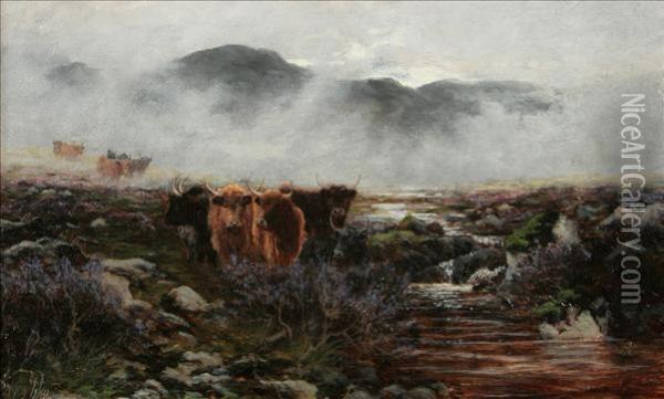 Highland Cattlein The Mist Highland Cattle Amidst The Heather Oil Painting - Sidney Pike